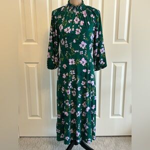 Maggy London womens ruffled smock mock neck green floral midi dress.